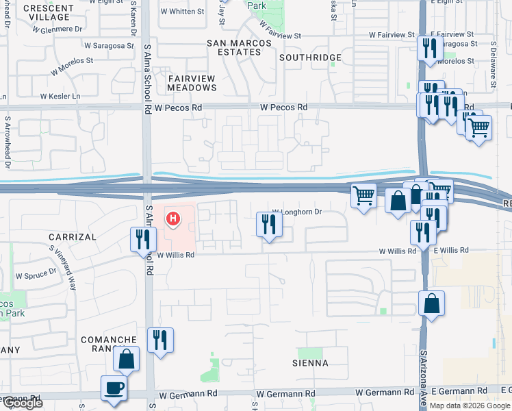 map of restaurants, bars, coffee shops, grocery stores, and more near 1321 South Camellia Court in Chandler