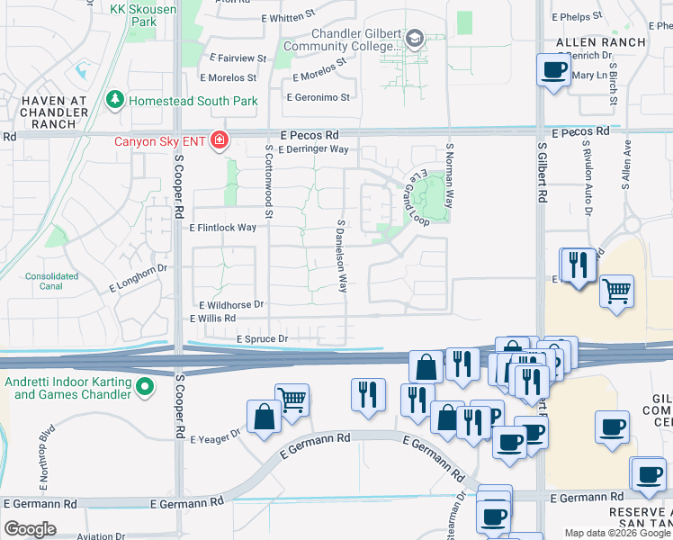 map of restaurants, bars, coffee shops, grocery stores, and more near 2423 East Longhorn Place in Chandler