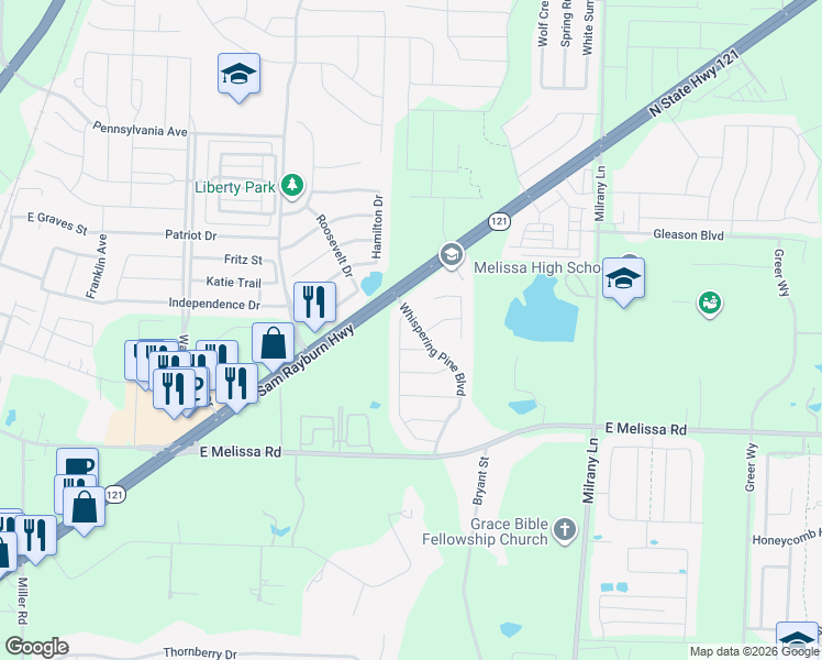 map of restaurants, bars, coffee shops, grocery stores, and more near 3105 Whispering Pine Boulevard in Melissa