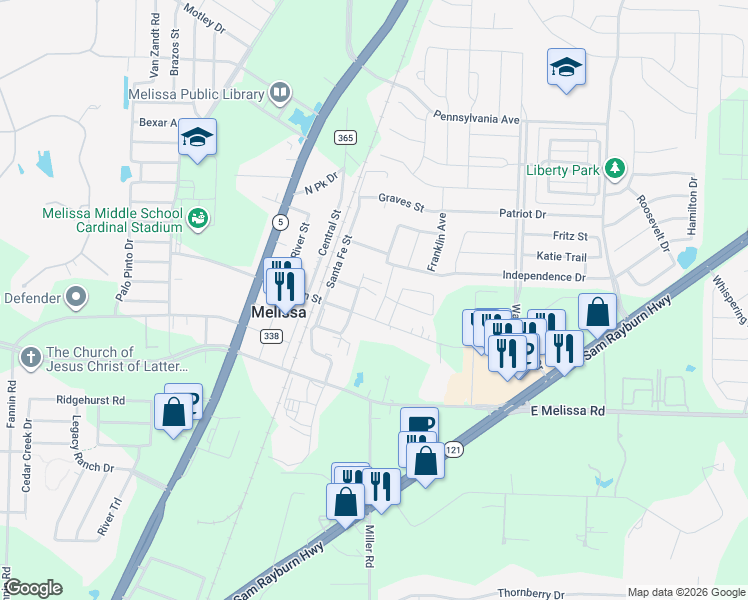 map of restaurants, bars, coffee shops, grocery stores, and more near 2022 Paris Street in Melissa