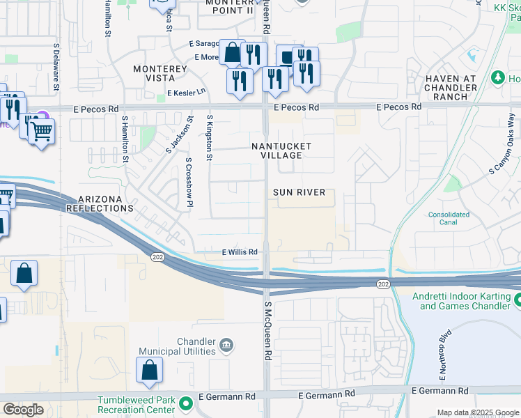 map of restaurants, bars, coffee shops, grocery stores, and more near 988 East Wildhorse Drive in Chandler