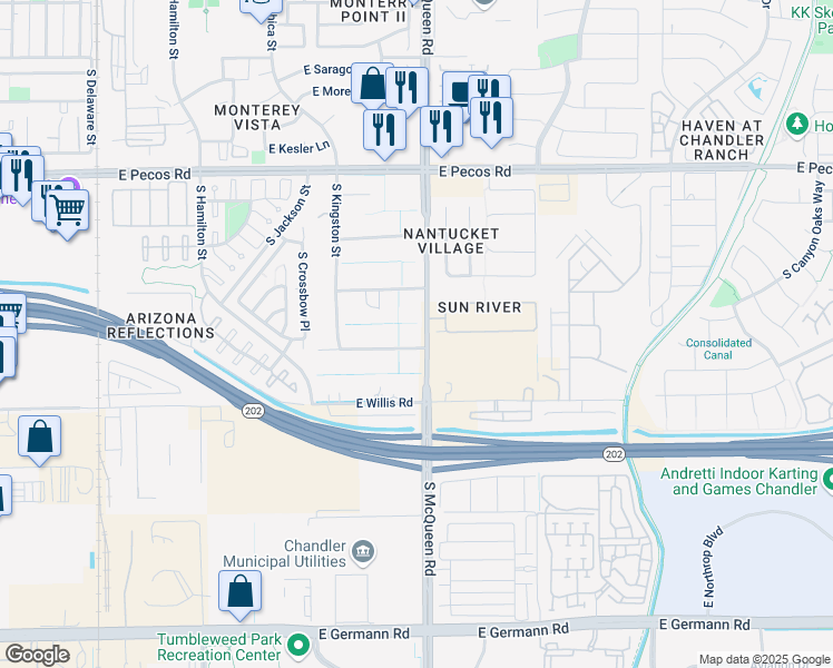 map of restaurants, bars, coffee shops, grocery stores, and more near 988 East Wildhorse Drive in Chandler