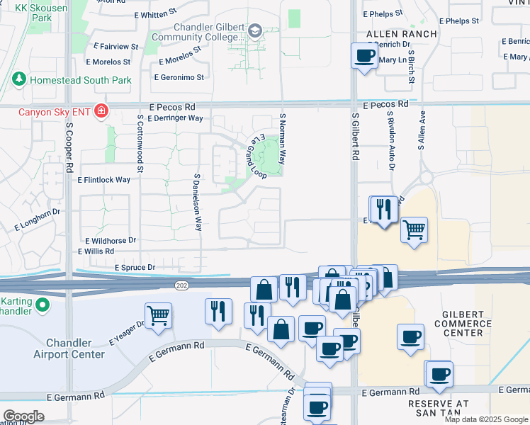 map of restaurants, bars, coffee shops, grocery stores, and more near 2675 South Lindl Drive in Chandler