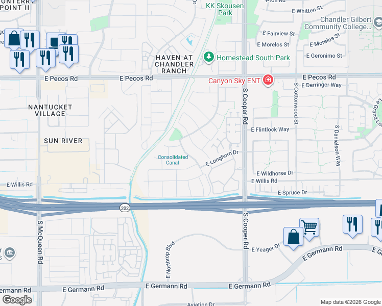 map of restaurants, bars, coffee shops, grocery stores, and more near 1321 South Canyon Oaks Way in Chandler