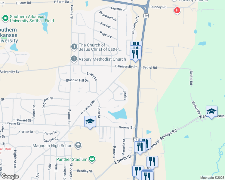 map of restaurants, bars, coffee shops, grocery stores, and more near 6 Azalea in Magnolia