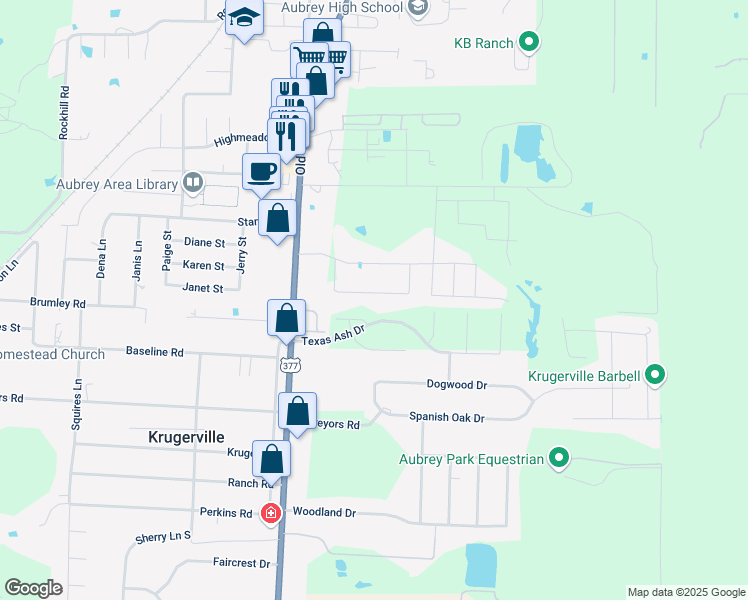 map of restaurants, bars, coffee shops, grocery stores, and more near 552 Val Verde Street in Aubrey