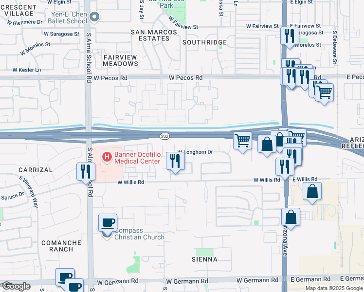 map of restaurants, bars, coffee shops, grocery stores, and more near 1324 South Peden Court in Chandler