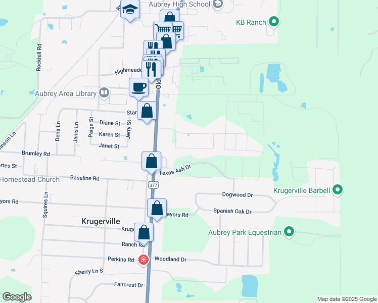 map of restaurants, bars, coffee shops, grocery stores, and more near 552 Val Verde Street in Aubrey