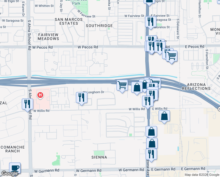 map of restaurants, bars, coffee shops, grocery stores, and more near 1330 South Illinois Court in Chandler