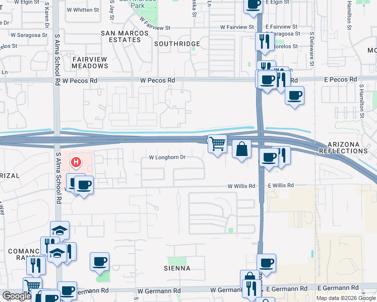 map of restaurants, bars, coffee shops, grocery stores, and more near 1330 South Illinois Court in Chandler