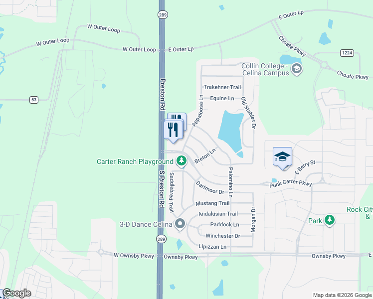 map of restaurants, bars, coffee shops, grocery stores, and more near 301 Shire Lane in Celina