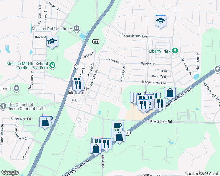 map of restaurants, bars, coffee shops, grocery stores, and more near 2022 Paris Street in Melissa