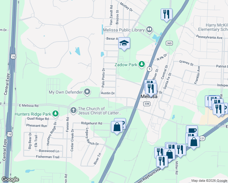 map of restaurants, bars, coffee shops, grocery stores, and more near 1118 Austin Drive in Melissa