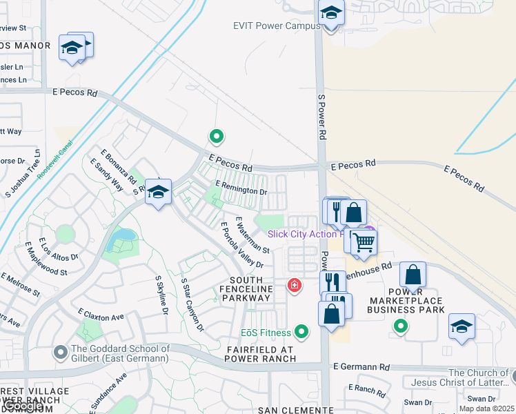 map of restaurants, bars, coffee shops, grocery stores, and more near 3539 South Bluejay Drive in Gilbert