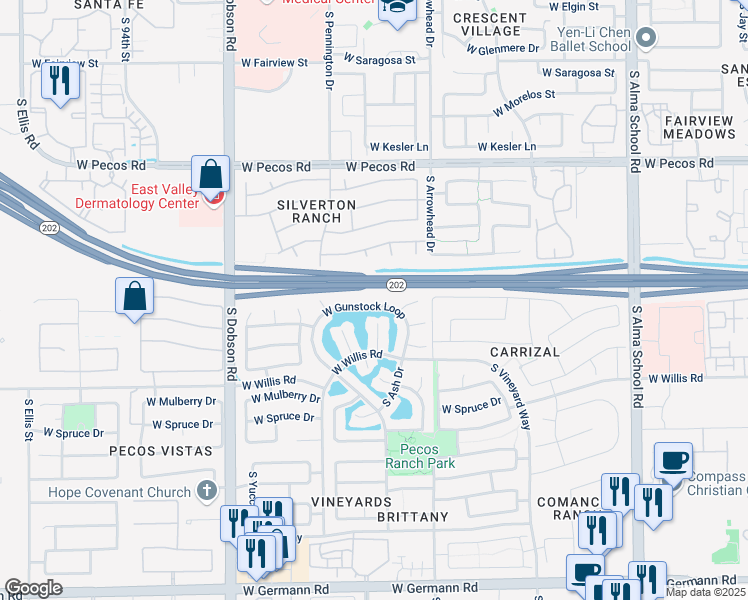 map of restaurants, bars, coffee shops, grocery stores, and more near 1654 West Gunstock Loop in Chandler