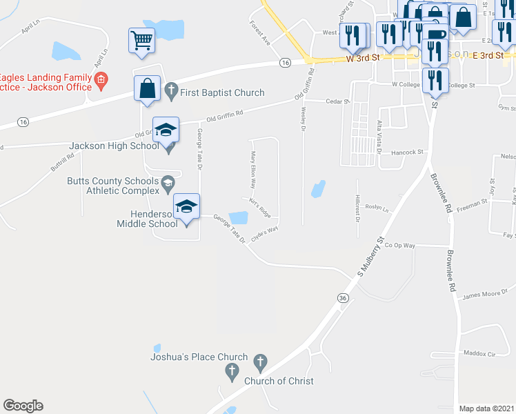 map of restaurants, bars, coffee shops, grocery stores, and more near 183 Kirt's Ridge in Jackson