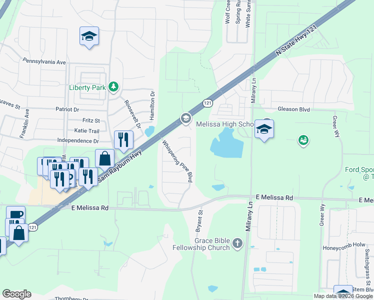 map of restaurants, bars, coffee shops, grocery stores, and more near 3105 Willow Place Drive in Melissa