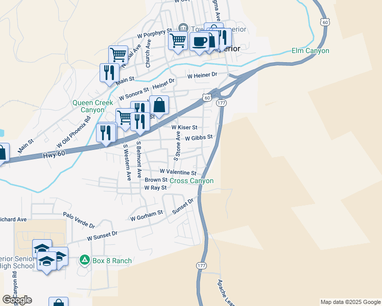 map of restaurants, bars, coffee shops, grocery stores, and more near 421 West Moffatt Street in Superior