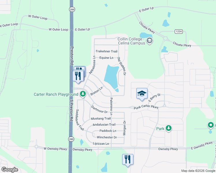 map of restaurants, bars, coffee shops, grocery stores, and more near 402 Palomino Lane in Celina