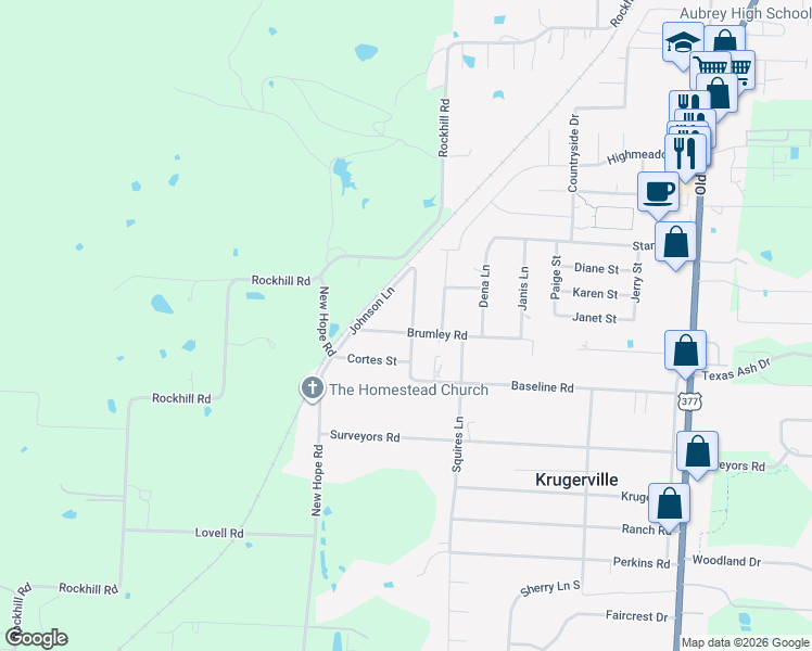 map of restaurants, bars, coffee shops, grocery stores, and more near 502 Brumley Road in Krugerville