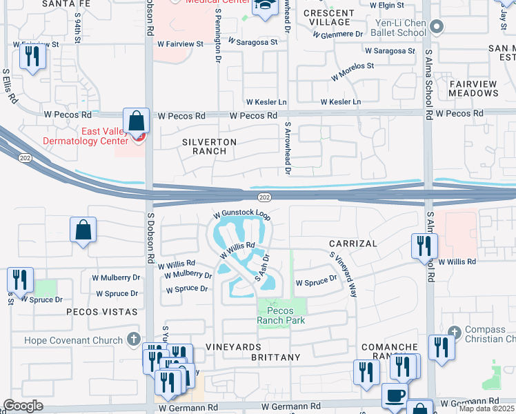 map of restaurants, bars, coffee shops, grocery stores, and more near 1654 West Gunstock Loop in Chandler