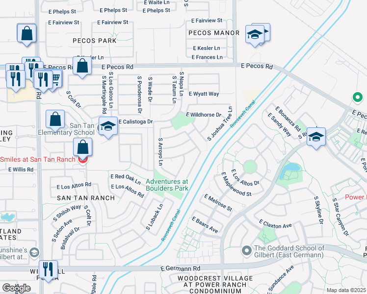 map of restaurants, bars, coffee shops, grocery stores, and more near 3787 East Waterman Street in Gilbert