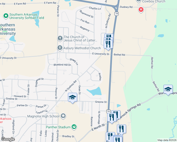 map of restaurants, bars, coffee shops, grocery stores, and more near 6 Azalea in Magnolia