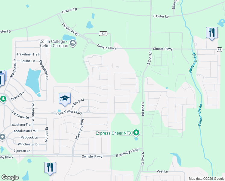 map of restaurants, bars, coffee shops, grocery stores, and more near 2716 Evergreen Trail in Celina