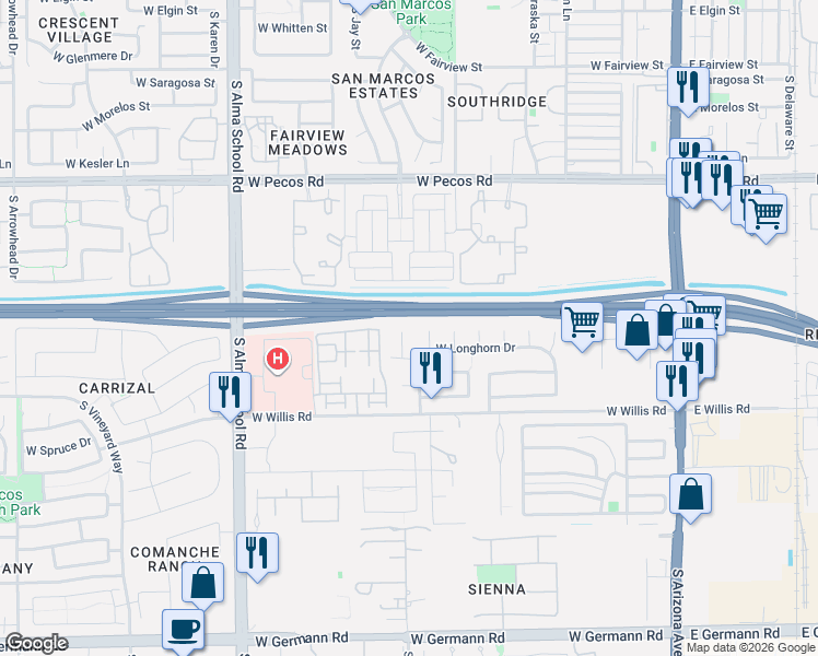 map of restaurants, bars, coffee shops, grocery stores, and more near 1321 South Camellia Court in Chandler