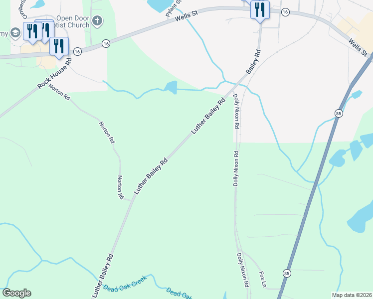 map of restaurants, bars, coffee shops, grocery stores, and more near 424 Luther Bailey Road in Senoia