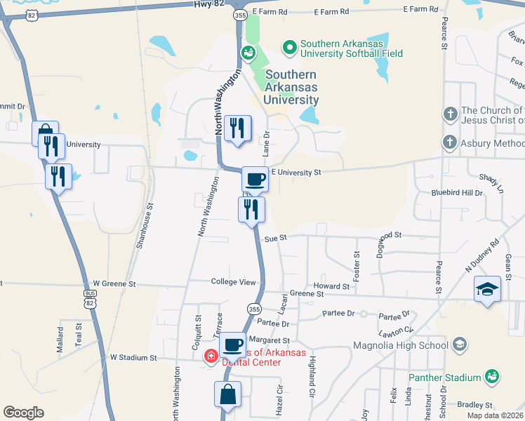 map of restaurants, bars, coffee shops, grocery stores, and more near 2114 North Jackson in Magnolia
