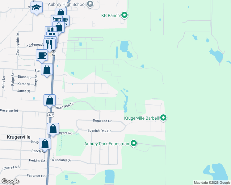 map of restaurants, bars, coffee shops, grocery stores, and more near 5408 U.S. 377 in Aubrey