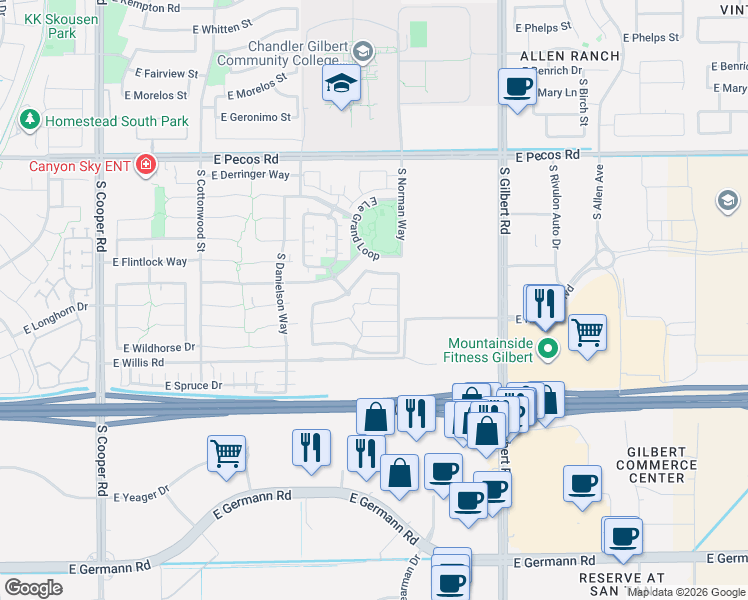 map of restaurants, bars, coffee shops, grocery stores, and more near 2675 South Lindl Drive in Chandler