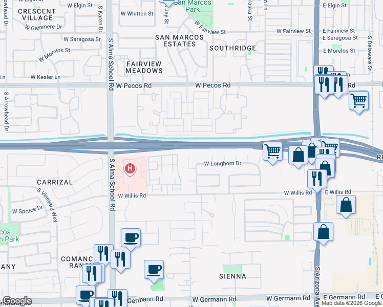 map of restaurants, bars, coffee shops, grocery stores, and more near 1321 South Camellia Court in Chandler