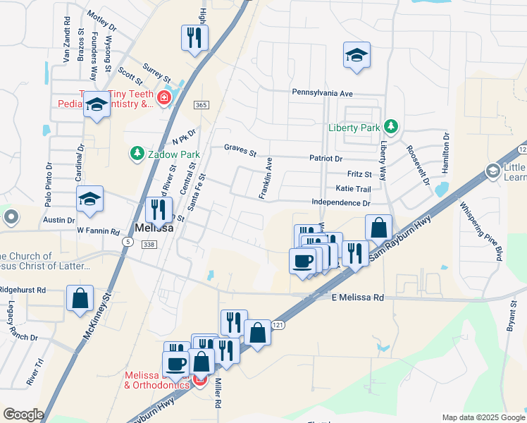map of restaurants, bars, coffee shops, grocery stores, and more near 2212 Independence Drive in Melissa