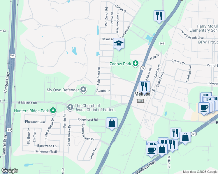 map of restaurants, bars, coffee shops, grocery stores, and more near 1118 Austin Drive in Melissa
