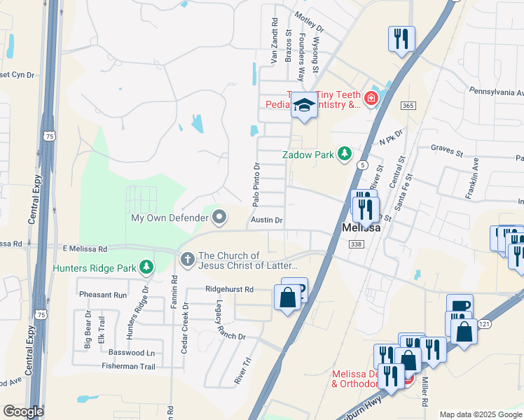 map of restaurants, bars, coffee shops, grocery stores, and more near 1103 Baylor Road in Melissa
