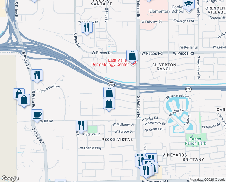 map of restaurants, bars, coffee shops, grocery stores, and more near 2222 West Hawken Way in Chandler