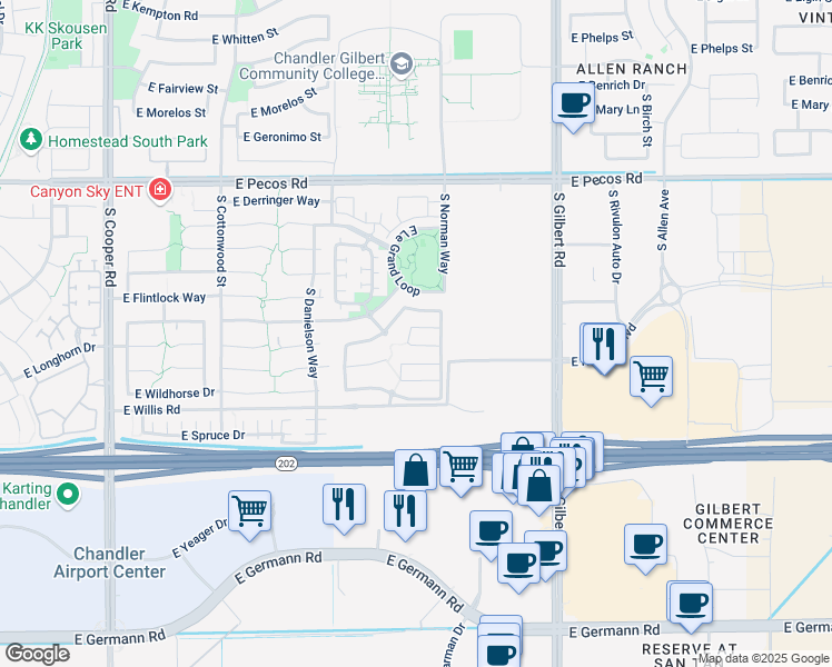 map of restaurants, bars, coffee shops, grocery stores, and more near 2675 South Lindl Drive in Chandler