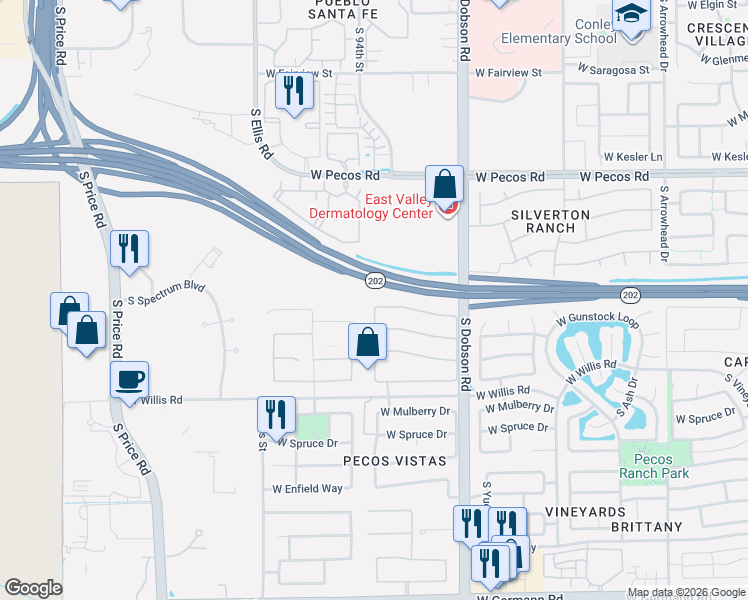 map of restaurants, bars, coffee shops, grocery stores, and more near 1270 South Los Altos Drive in Chandler