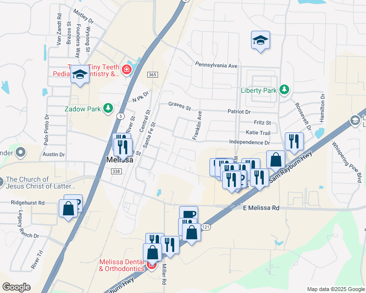 map of restaurants, bars, coffee shops, grocery stores, and more near 2200 Independence Drive in Melissa
