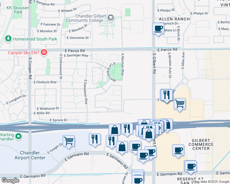 map of restaurants, bars, coffee shops, grocery stores, and more near 2675 South Lindl Drive in Chandler
