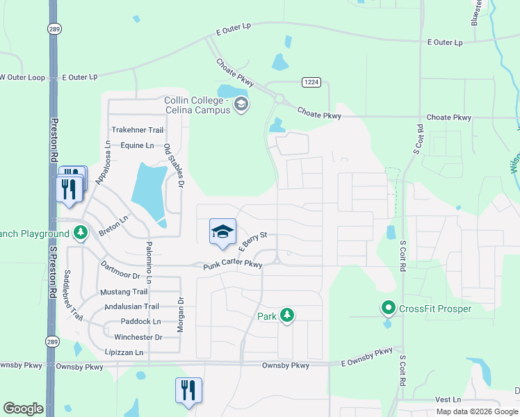 map of restaurants, bars, coffee shops, grocery stores, and more near 928 Bluebird Way in Celina