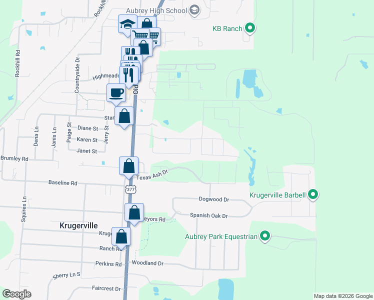 map of restaurants, bars, coffee shops, grocery stores, and more near 1003 Eastland Lane in Aubrey