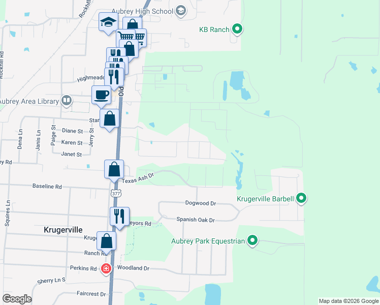 map of restaurants, bars, coffee shops, grocery stores, and more near 1021 Crockett Street in Aubrey