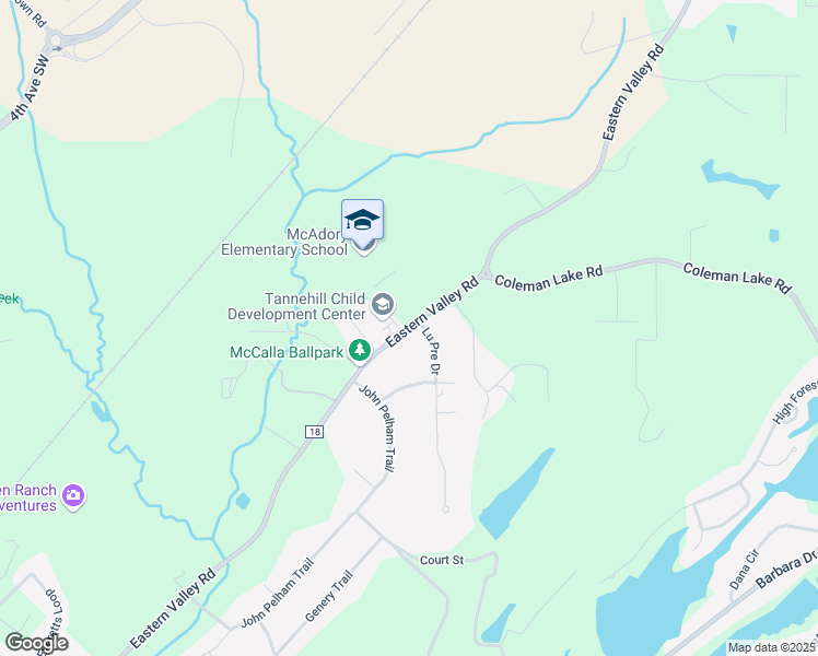 map of restaurants, bars, coffee shops, grocery stores, and more near 6251 Eastern Valley Road in McCalla