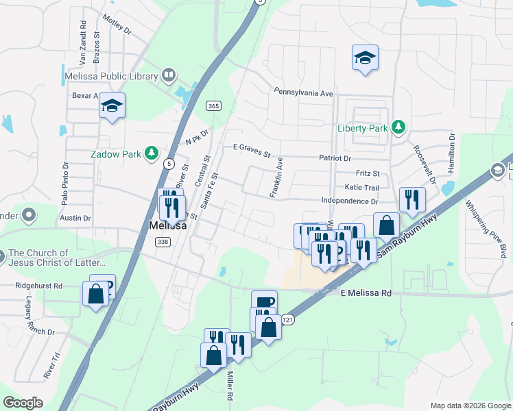 map of restaurants, bars, coffee shops, grocery stores, and more near 2200 Independence Drive in Melissa