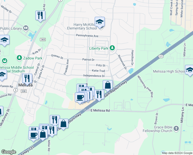 map of restaurants, bars, coffee shops, grocery stores, and more near 2614 Independence Drive in Melissa