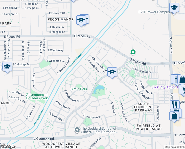 map of restaurants, bars, coffee shops, grocery stores, and more near 4160 East Woodside Court in Gilbert