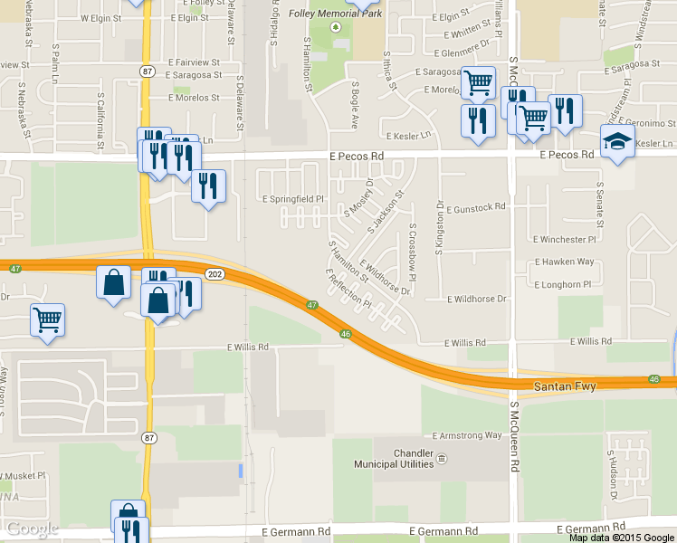 map of restaurants, bars, coffee shops, grocery stores, and more near 1262 South Bogle Court in Chandler
